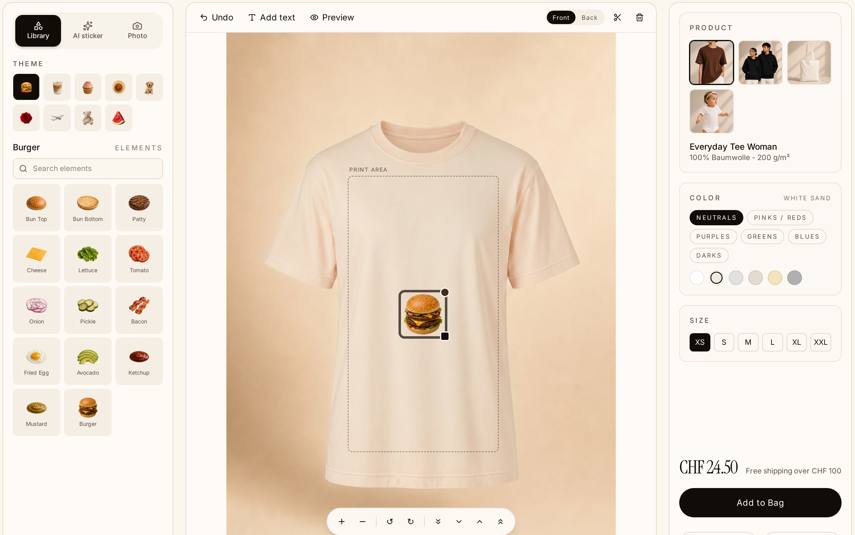A preview of the CAJA design studio with theme elements, t-shirt canvas, and product options