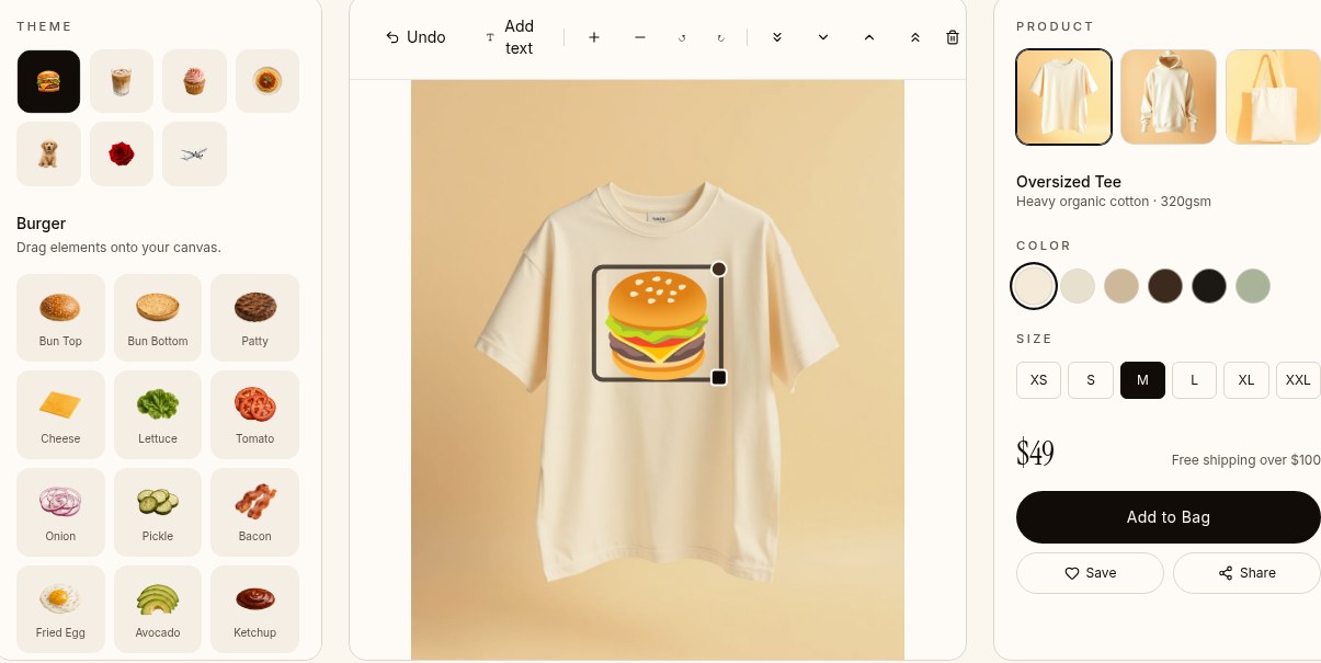 A preview of the CAJA design studio with theme elements, t-shirt canvas, and product options